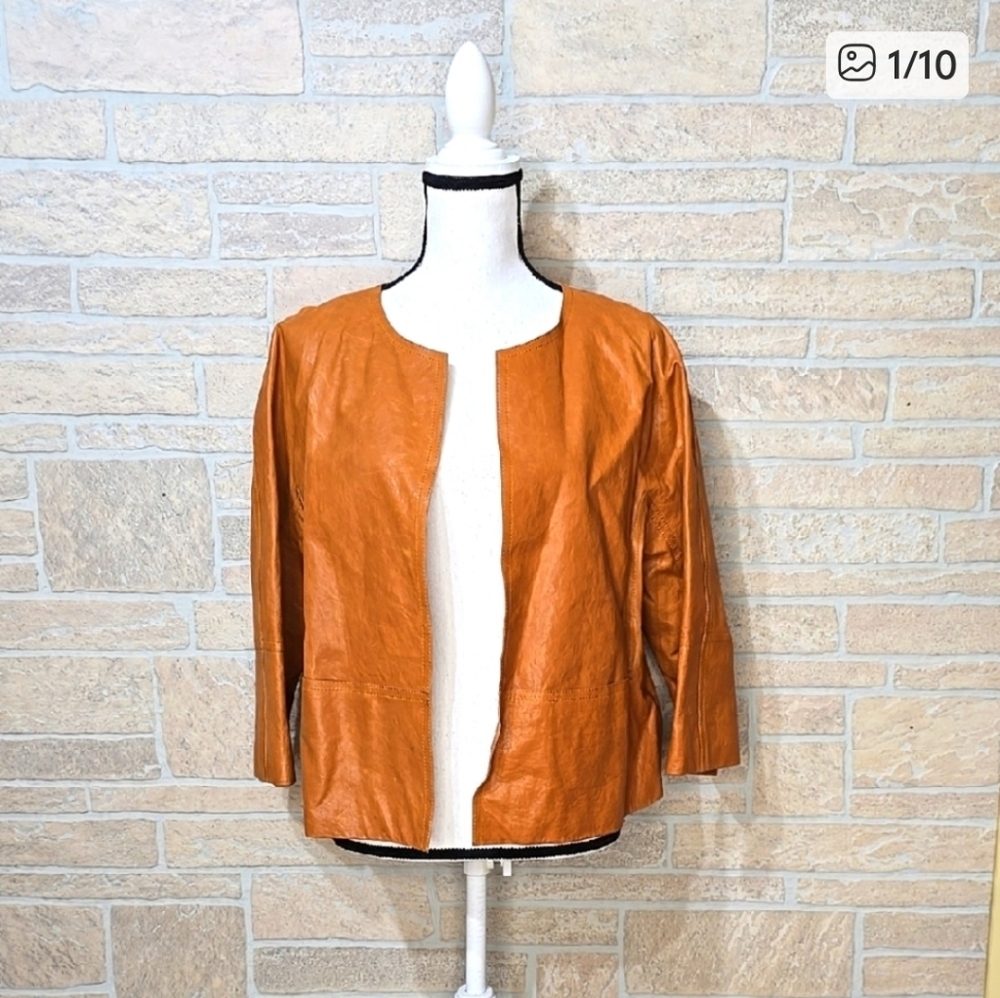 Lafayette 148 New York Caramel Leather Open Front Jacket 3/4 Sleeve Size 12